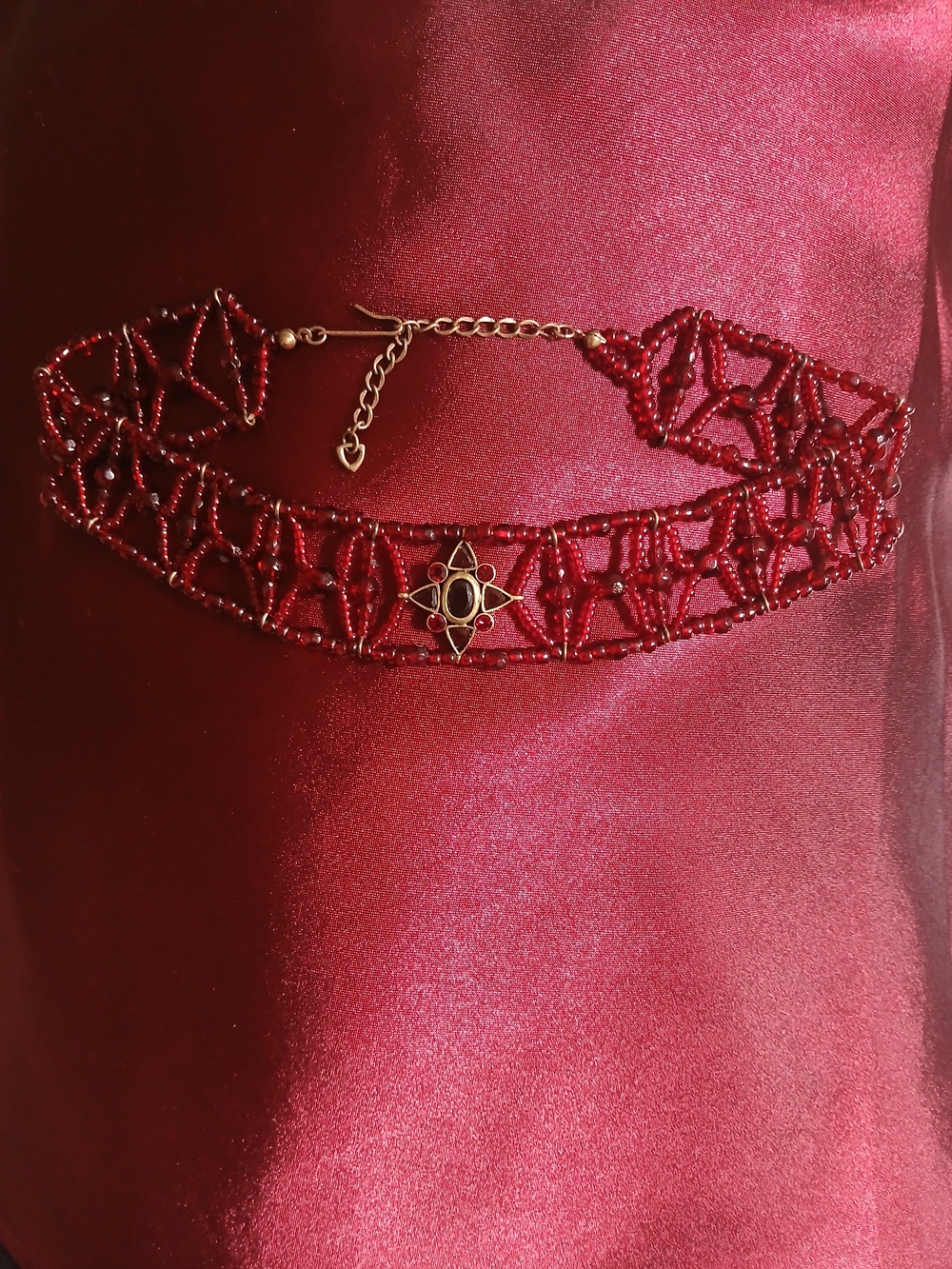 Vintage Whimsygoth Beaded Garnet Choker Necklace Gold Gothic Lattice 12"-14" - Picture 2 of 10
